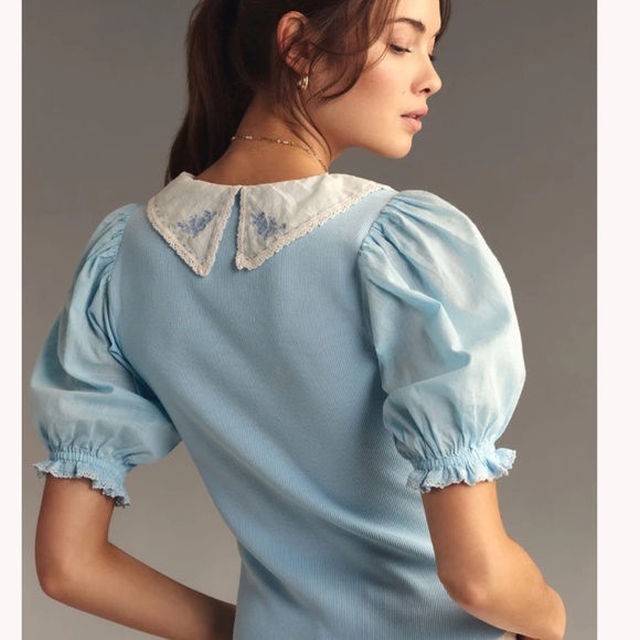 NWT BY ANTHROPOLOGIE LIGHT BLUE SHORT-SLEEVE COLLARED TOP SIZE S - Picture 3 of 7